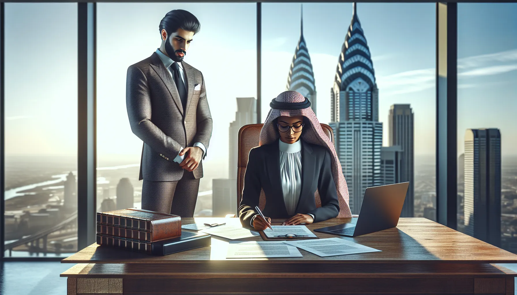 A financial advisor meeting with a client in a professional office setting.