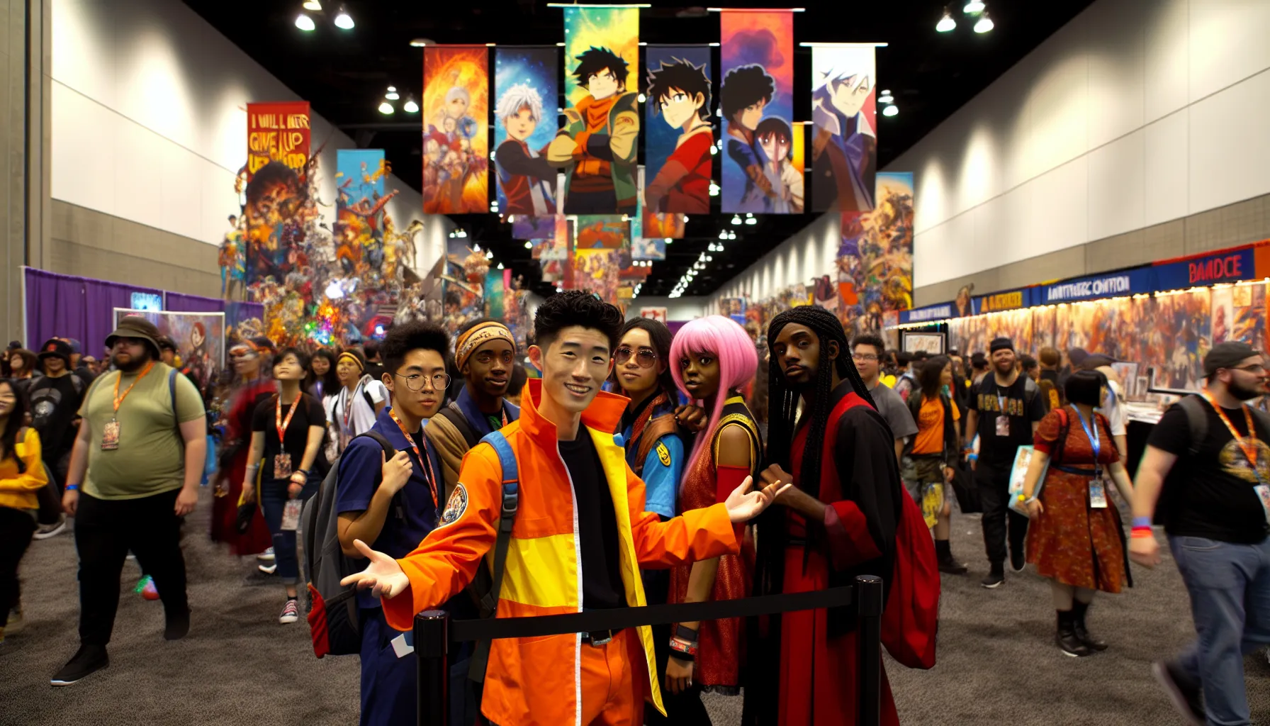 fans in Naruto cosplay celebrating at an anime convention.