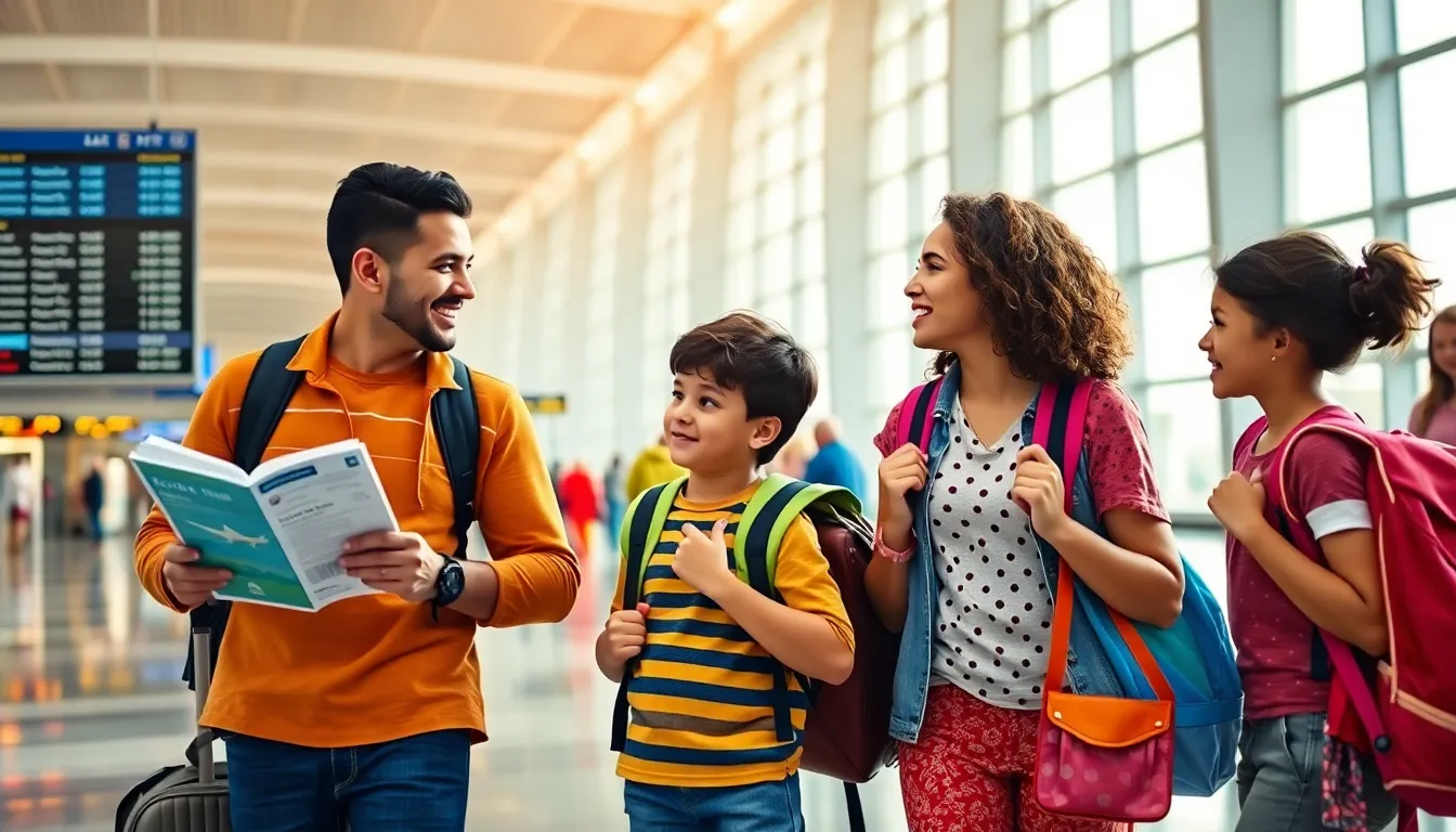 family happily navigating an airport together.