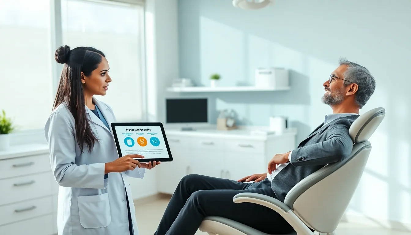 dentist explaining preventive care in a modern dental office.