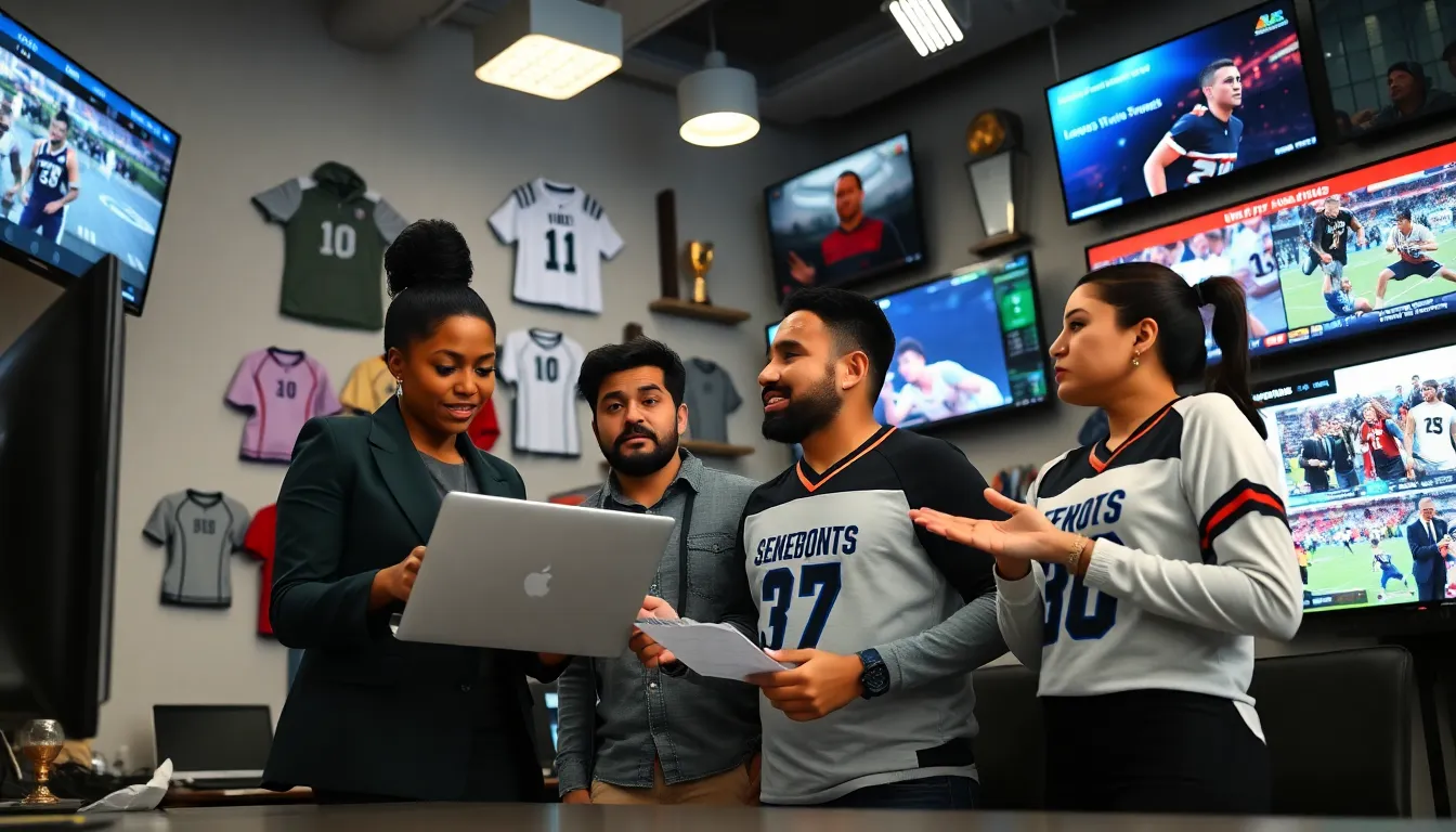 reporters discussing sports in a vibrant newsroom setting.