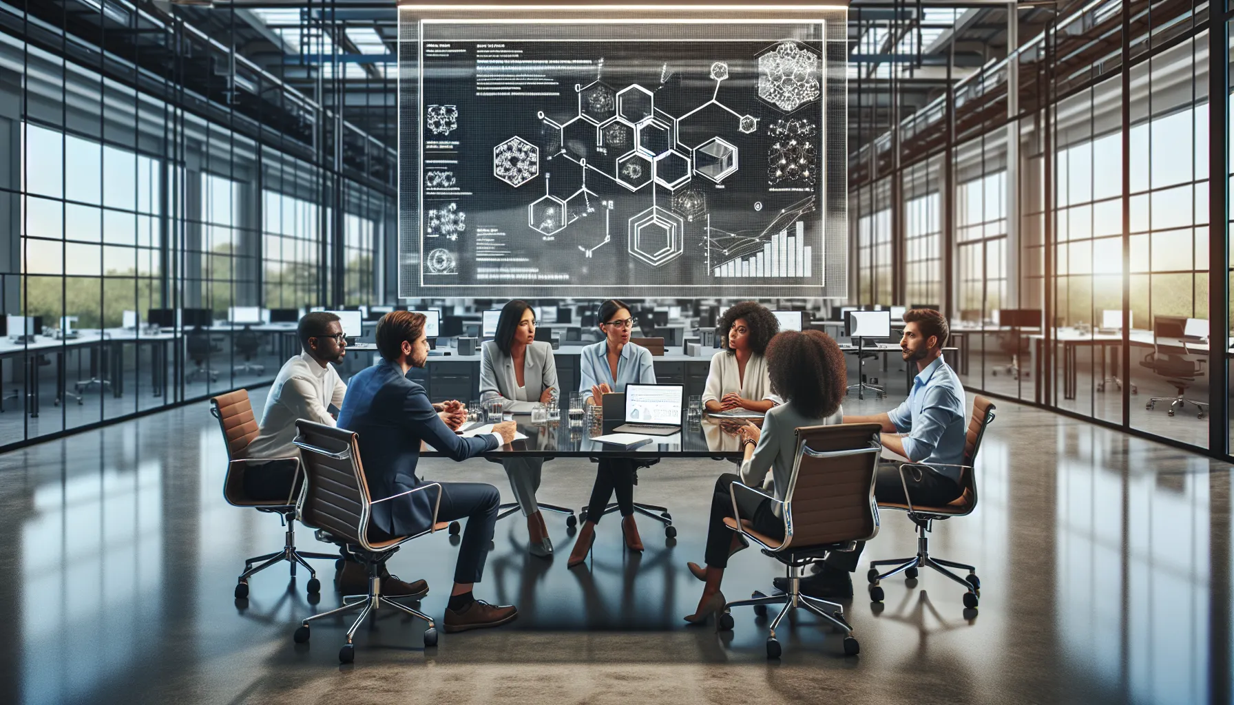 diverse team discussing melamine1234 in a modern office.