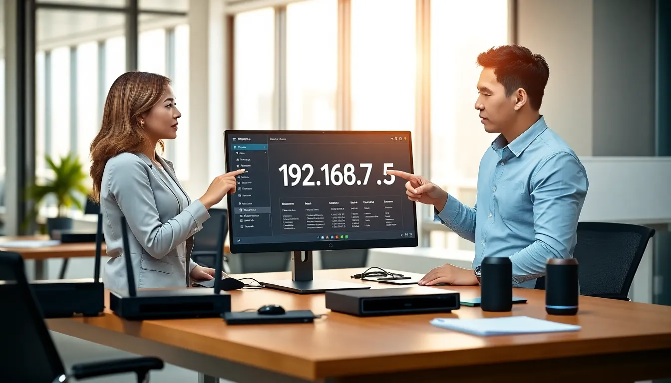 professionals discussing network settings in a modern office.