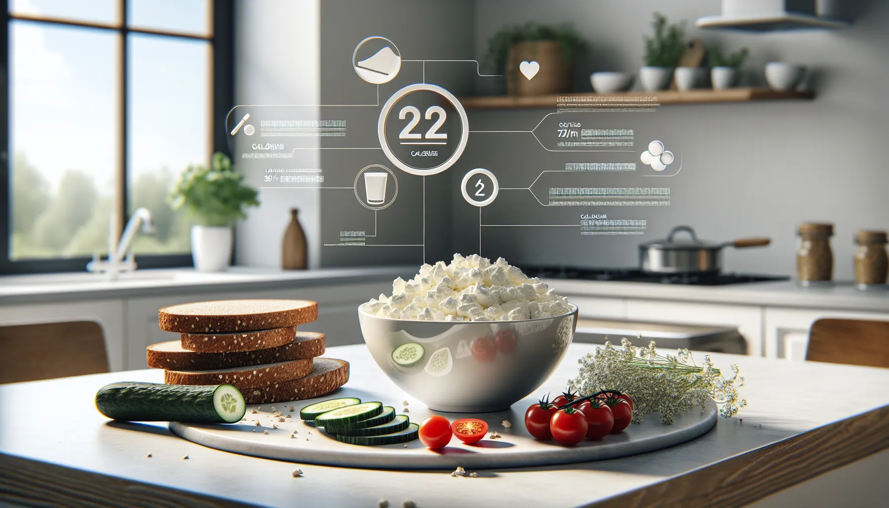 Bowl of cottage cheese with bread and vegetables on a modern kitchen counter.