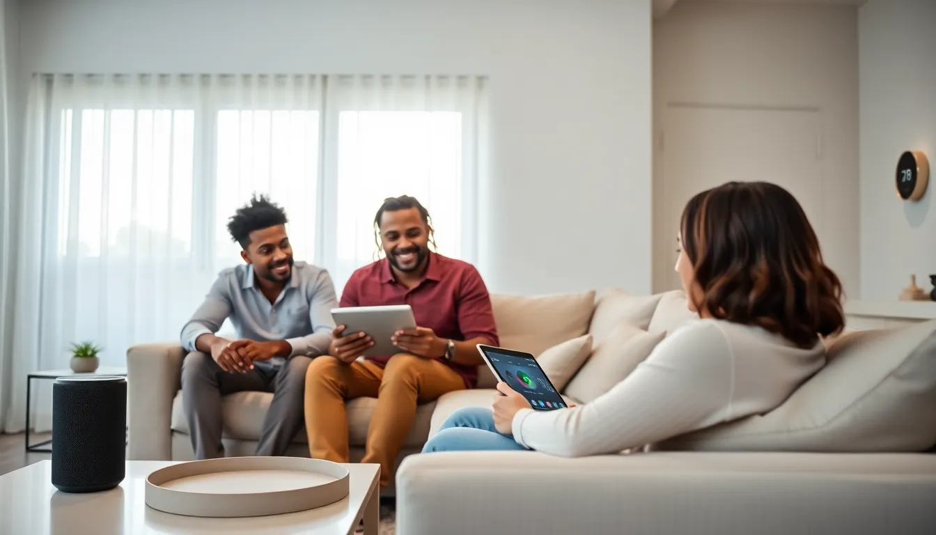 family interacting with smart home devices in a modern living room.