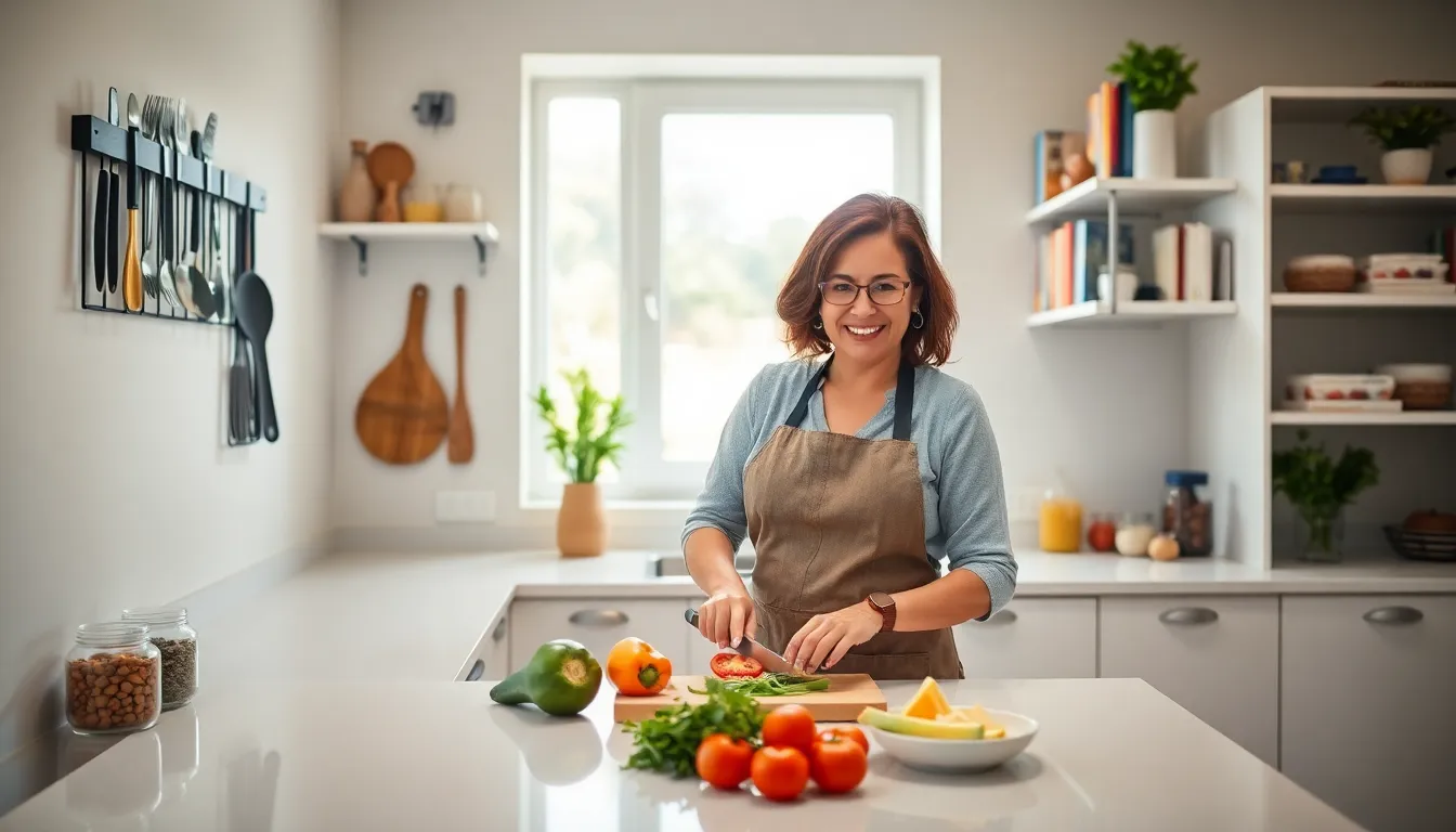 organized kitchen with vegetables and cooking tools neatly arranged.