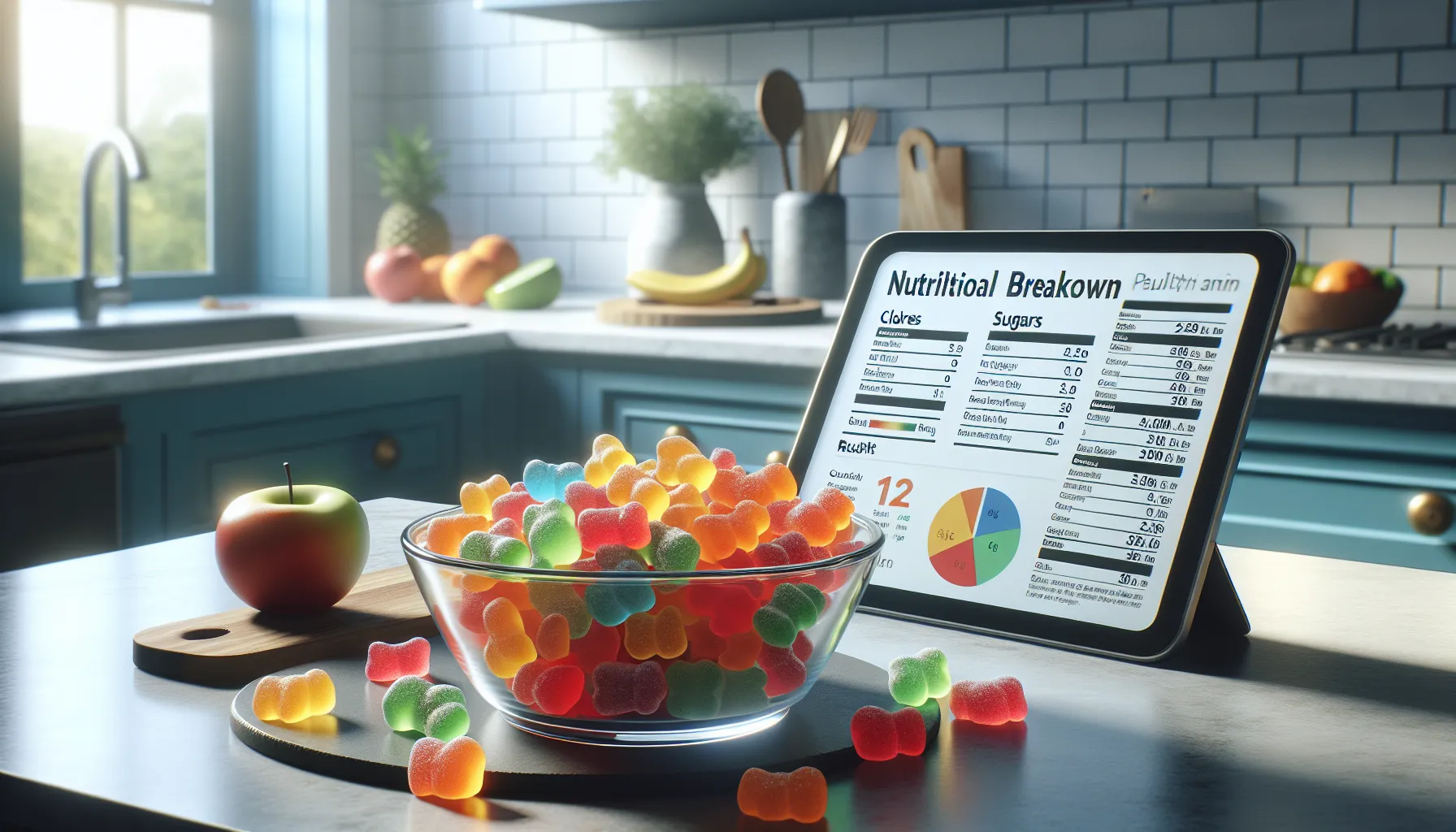 Gummy bears with nutritional facts displayed in a modern kitchen.