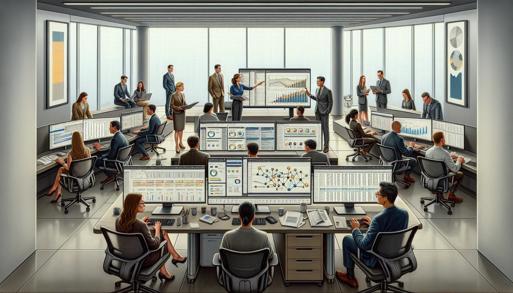 Analytics team managing Tableau email schedules and Excel report subscriptions in an office.