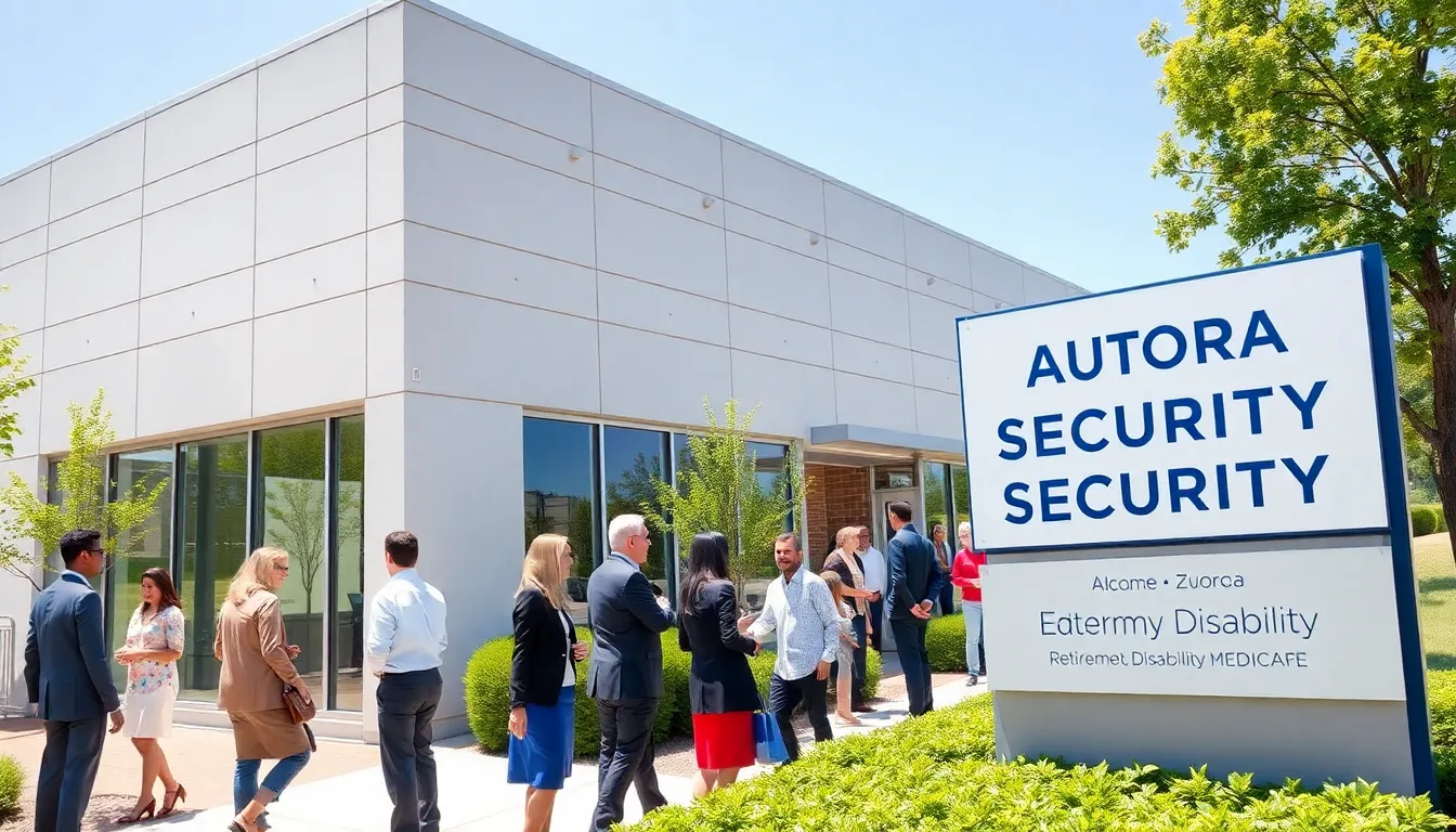 Aurora Social Security Office with diverse people entering.