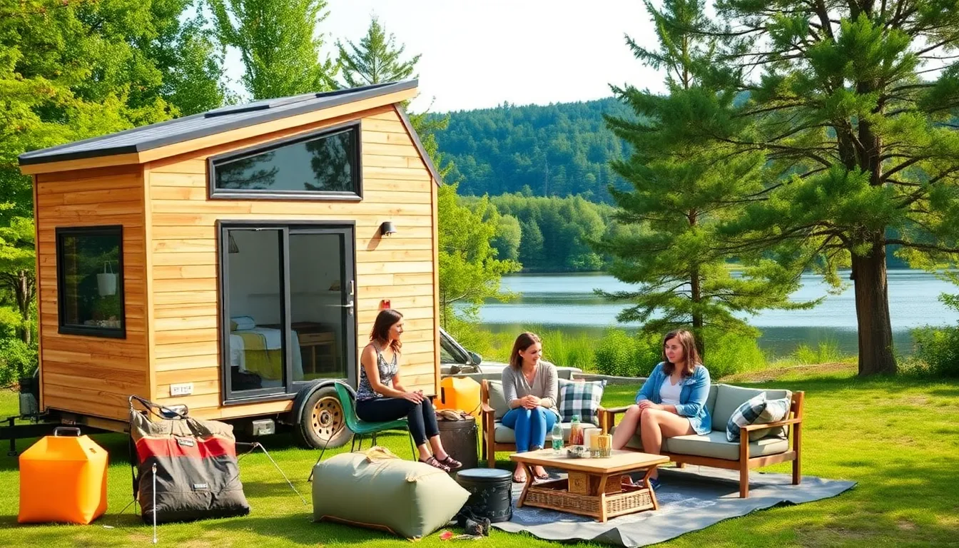 Firefly Tiny Home in a scenic outdoor setting with two people unpacking.