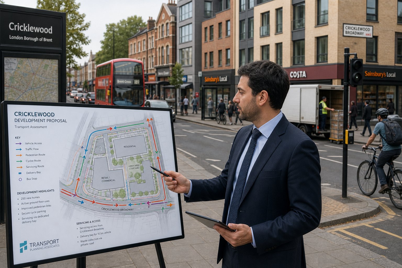 Traffic engineer reviewing a development plan near a busy Cricklewood street.