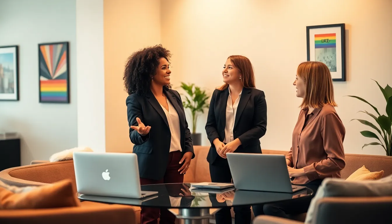 two women discussing relationship advice in a modern office.