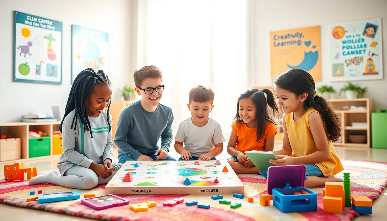 Children playing educational games in a vibrant classroom setting.
