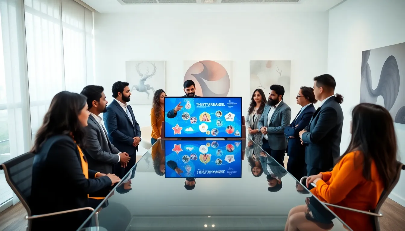 diverse professionals discussing Tharatharaangel in a modern conference room.