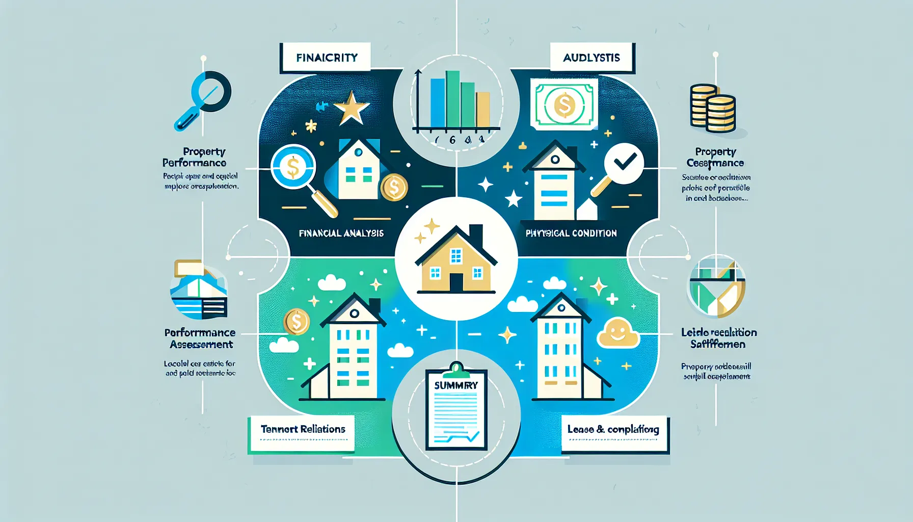 four-section overview of property performance audit components with US regional symbols