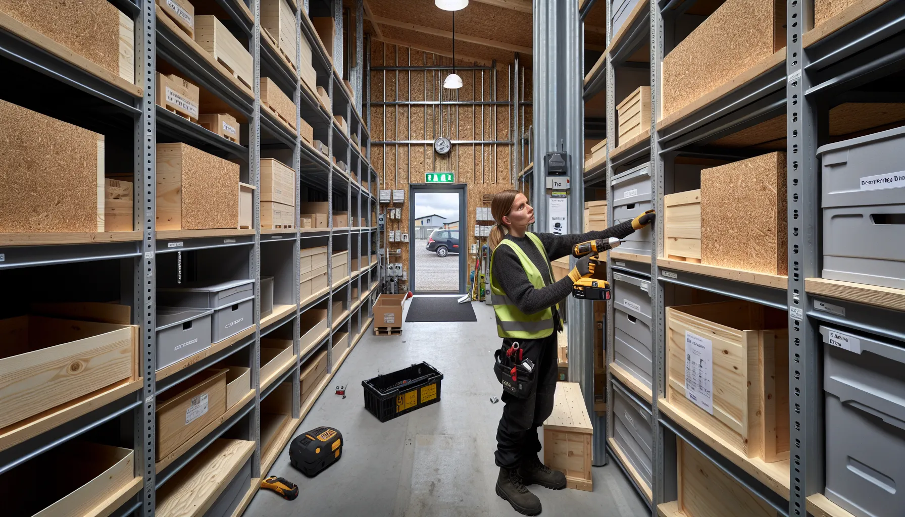 Worker repairs modular recycled-steel shelving under LED lights in insulated Norwegian warehouse.