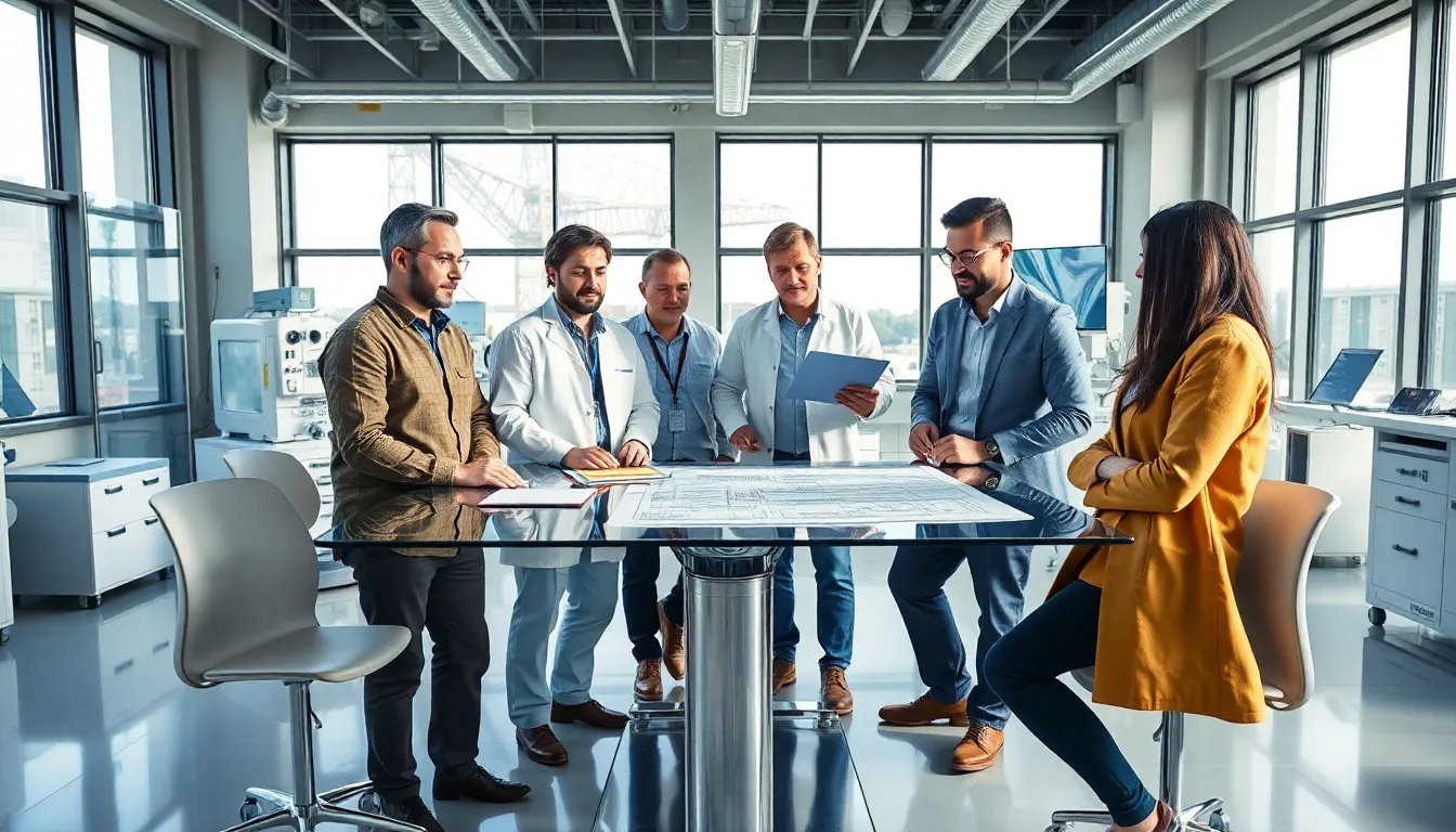 diverse team discussing tozdroilskeux in a modern lab setting.