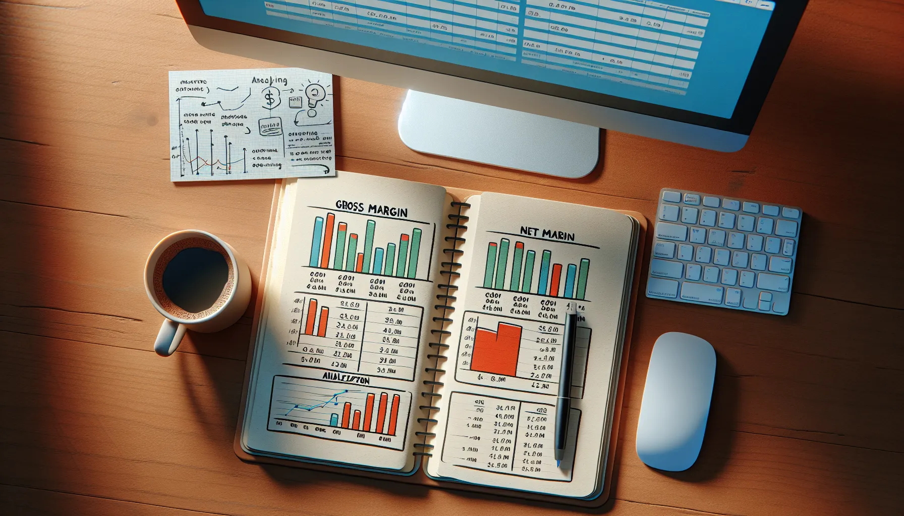 Comparative graphical depiction of gross versus net margin on a financial desk setup.