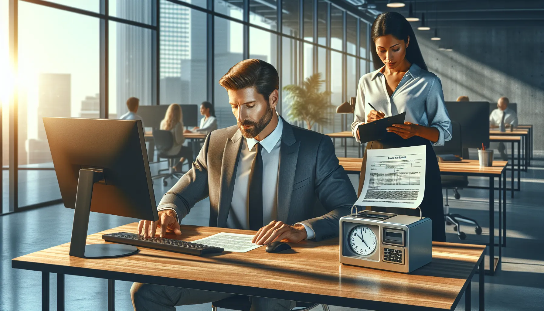 Two employees illustrating exempt and non-exempt roles in a modern office.