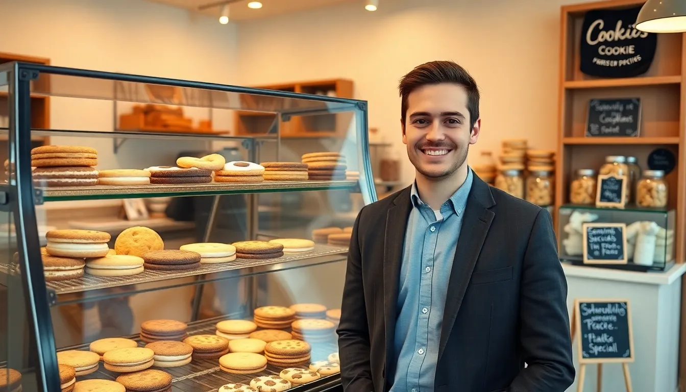 Jackson in a cookie shop inviting customers to learn more.