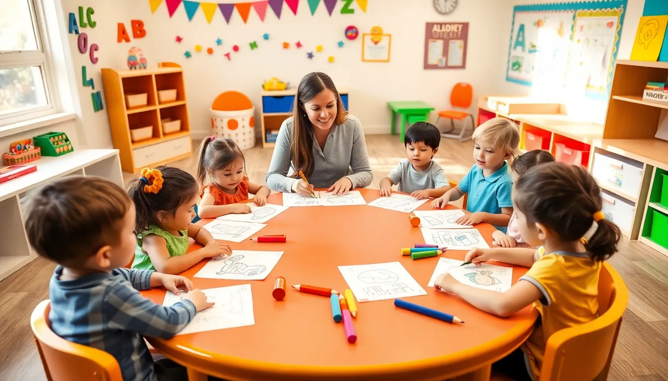 diverse preschoolers working on All About Me worksheets in a classroom.