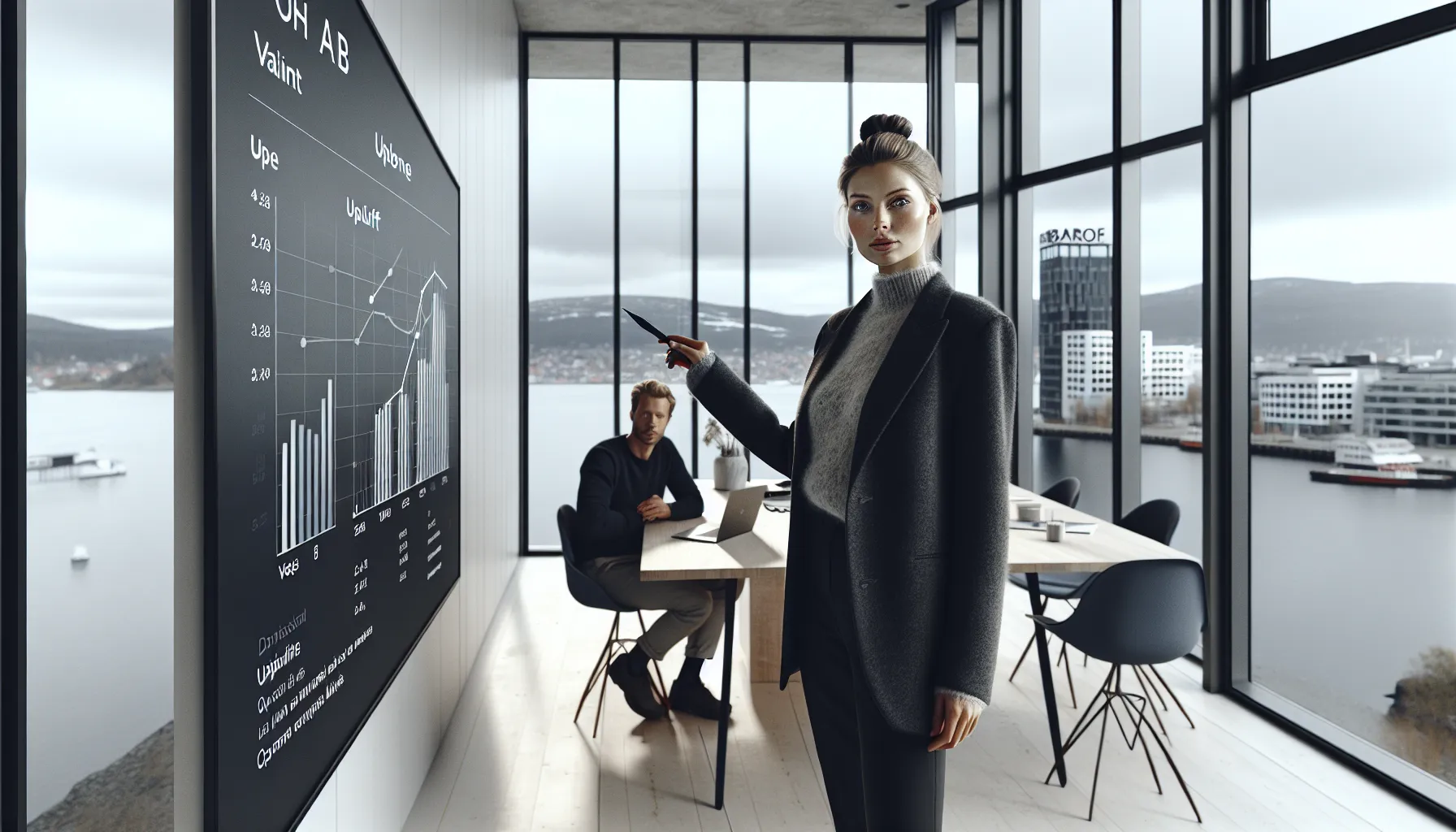 Norwegian analyst explains a/b test dashboard to colleagues in a glass-walled oslo office.