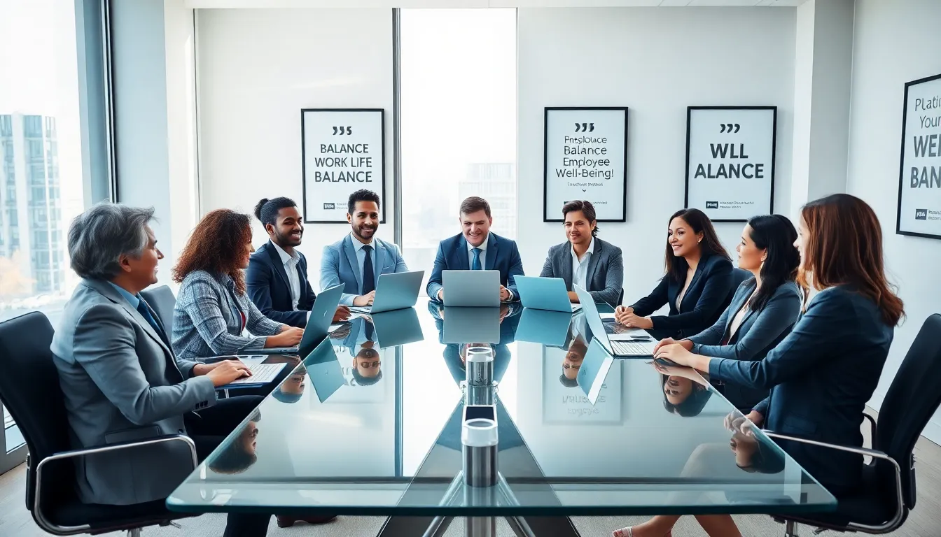 diverse professionals discussing work-life balance in a modern office.