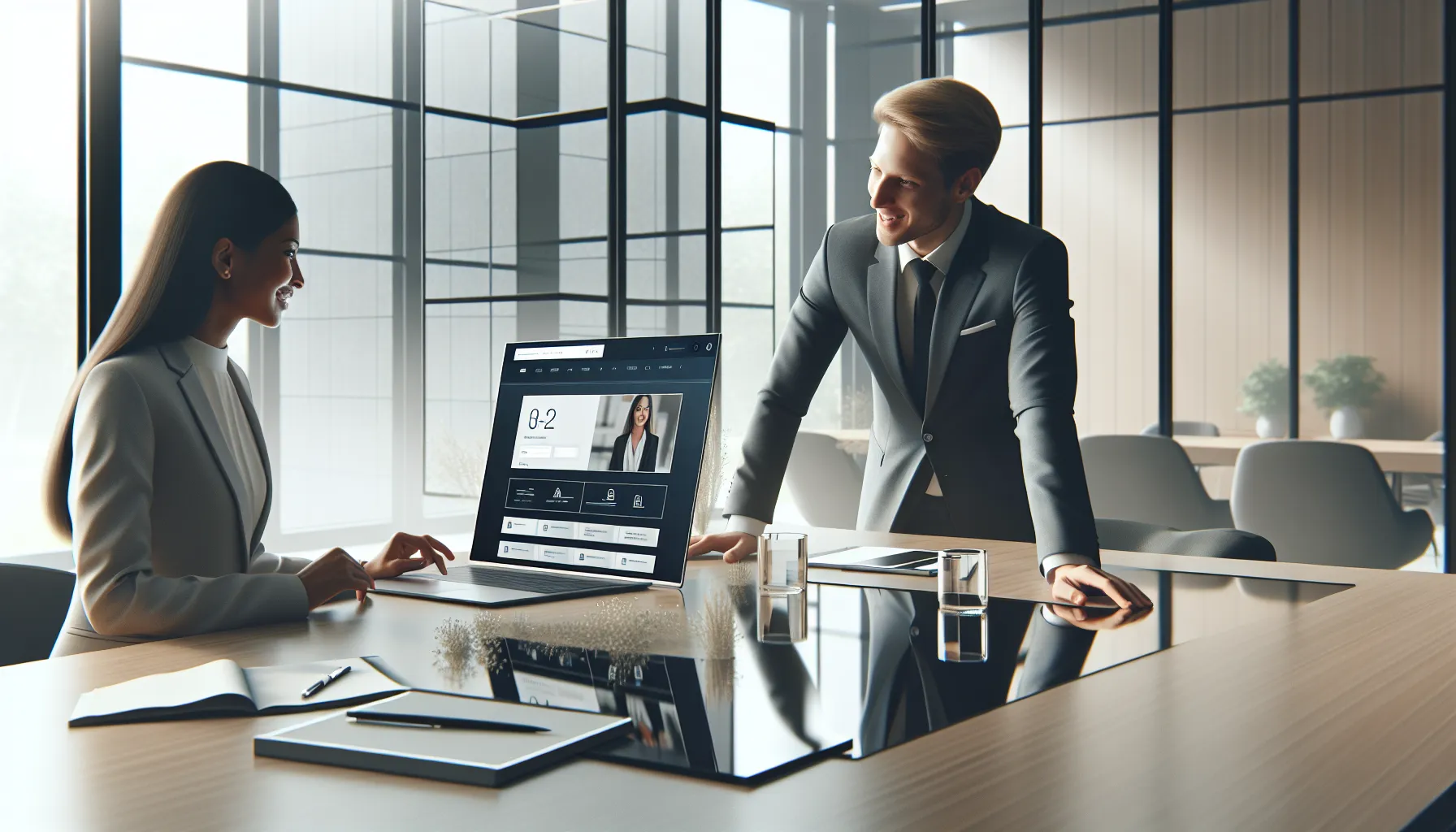 professionals discussing land records on a laptop in a modern office setting.