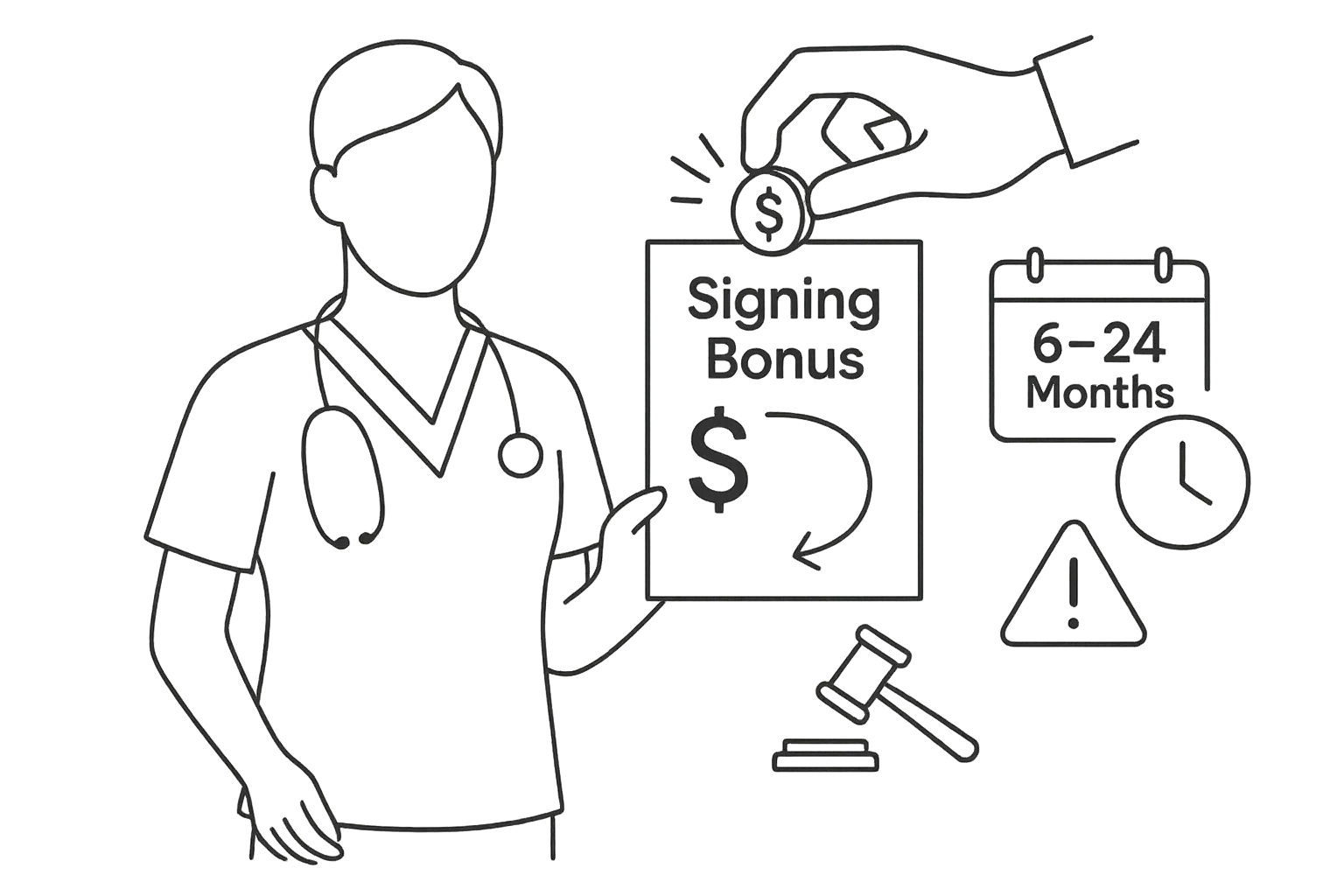 Nurse practitioner holding a signing-bonus contract as a hand tugs a coin.