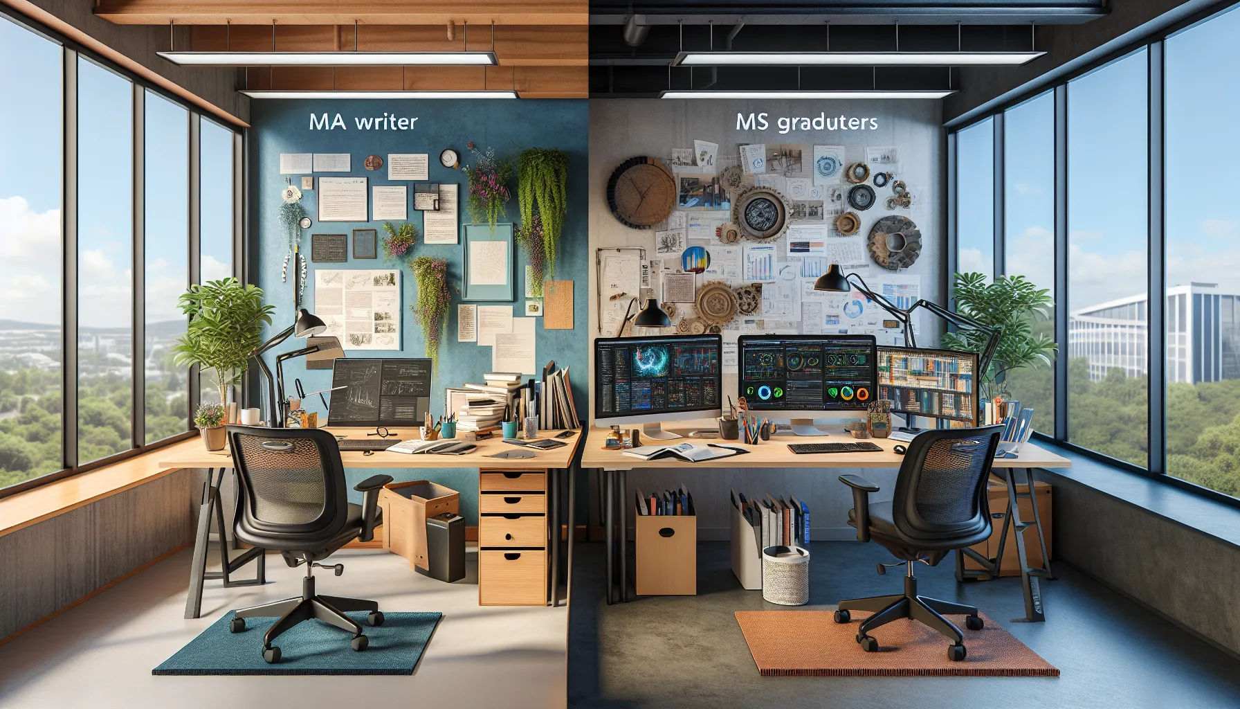 Two distinct desks showing career environments for MA and MS graduates.