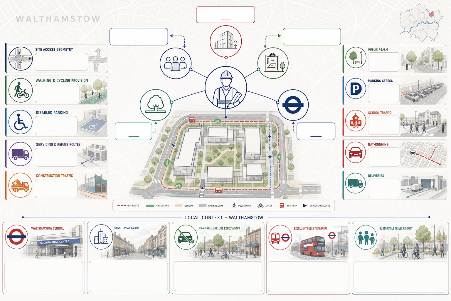 Infographic showing how a traffic engineer guides development planning in Walthamstow.