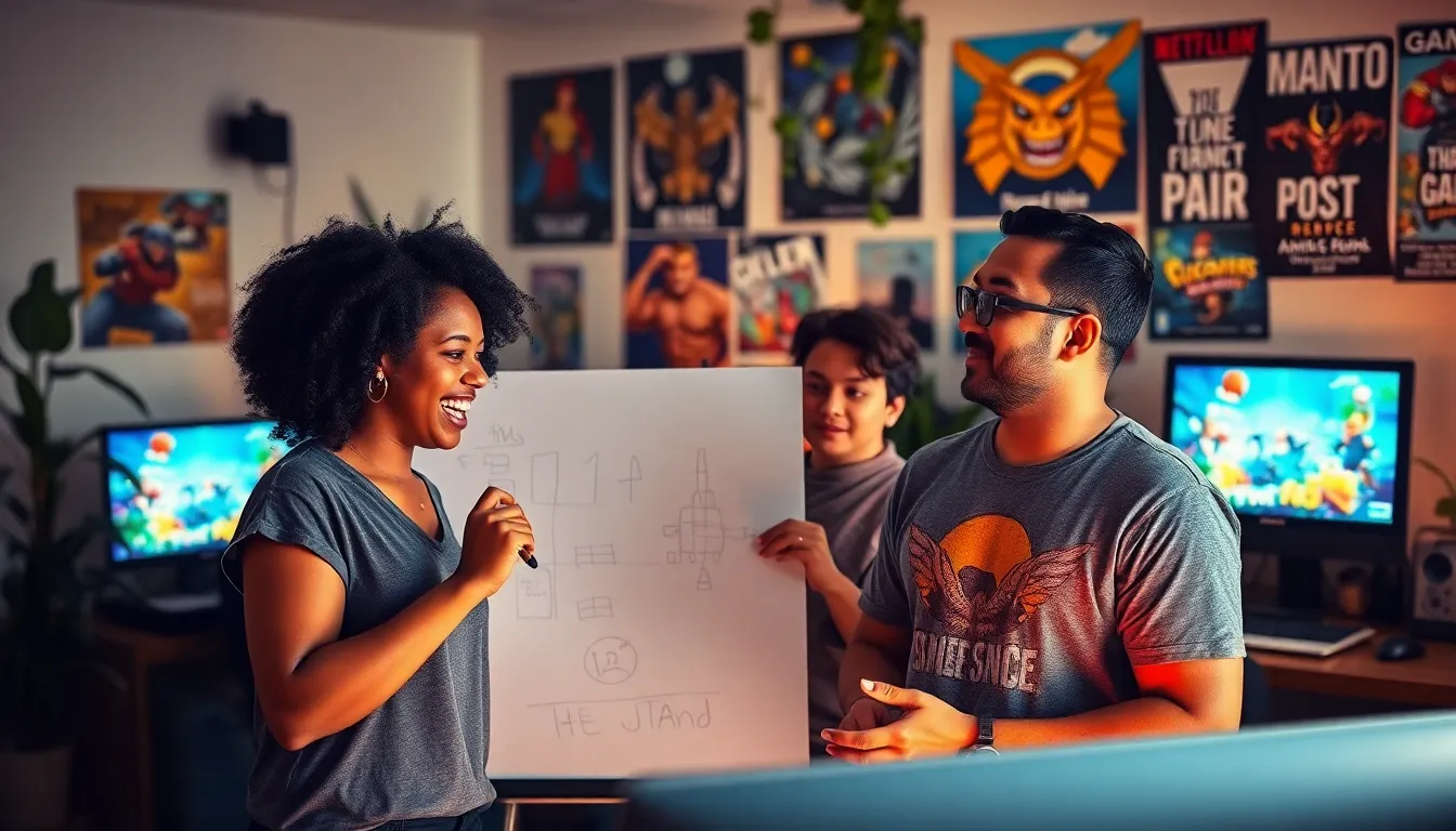 a diverse team of game developers collaborating in a creative office space.