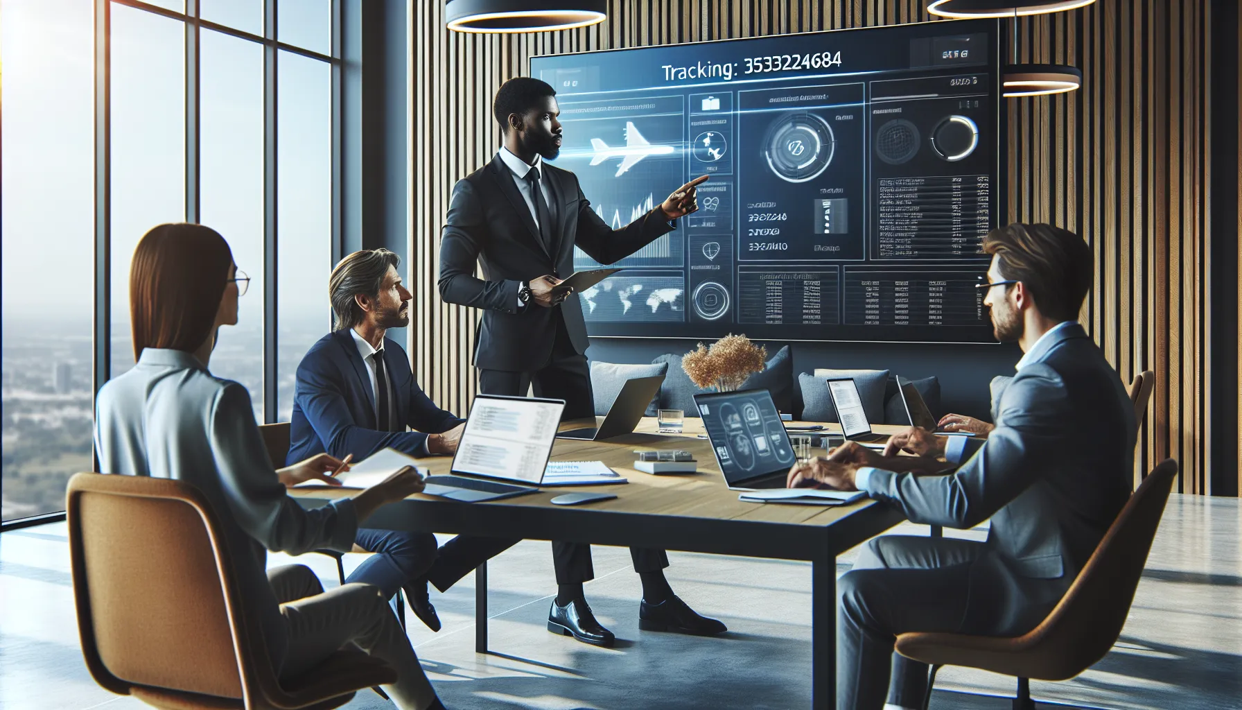 diverse team reviewing shipment tracking in a modern logistics office.