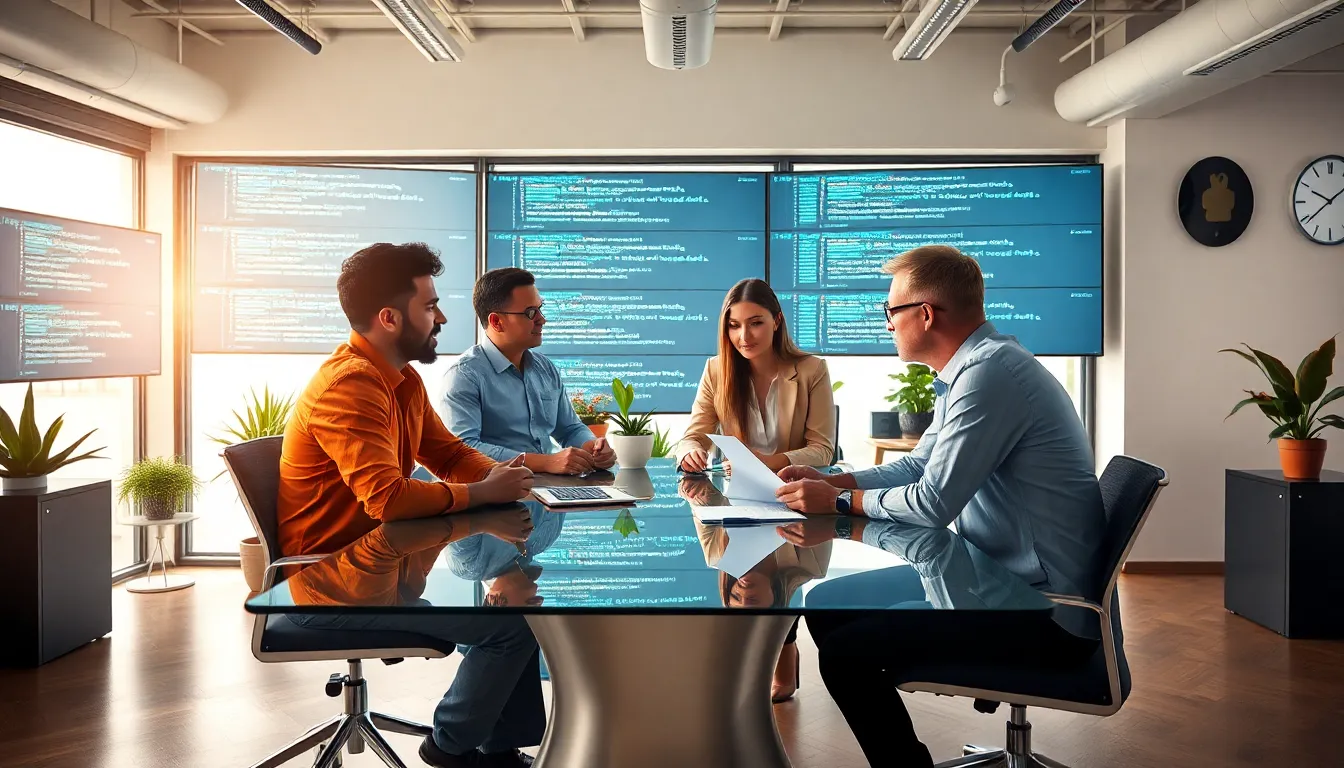 diverse team of developers discussing Java programming in a modern office.