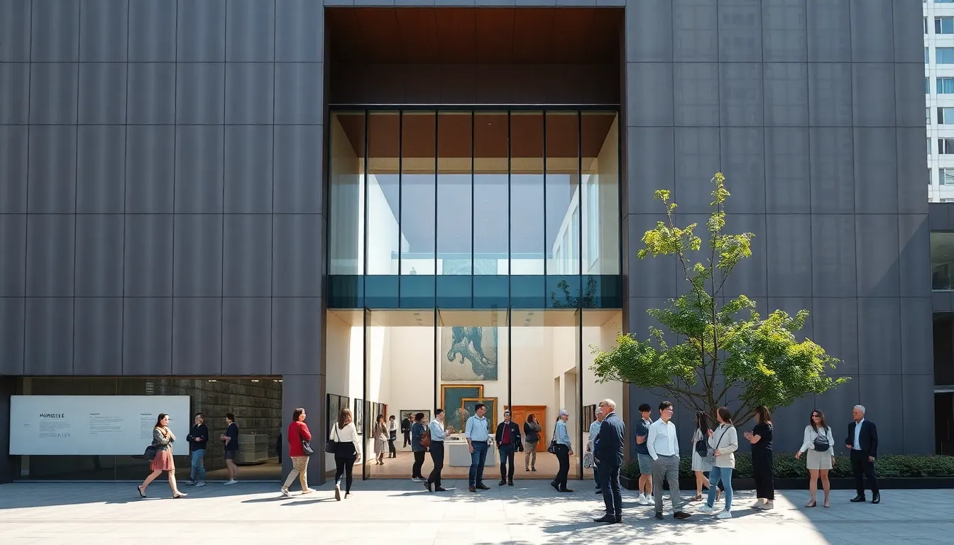modern museum building with large windows and art enthusiasts.