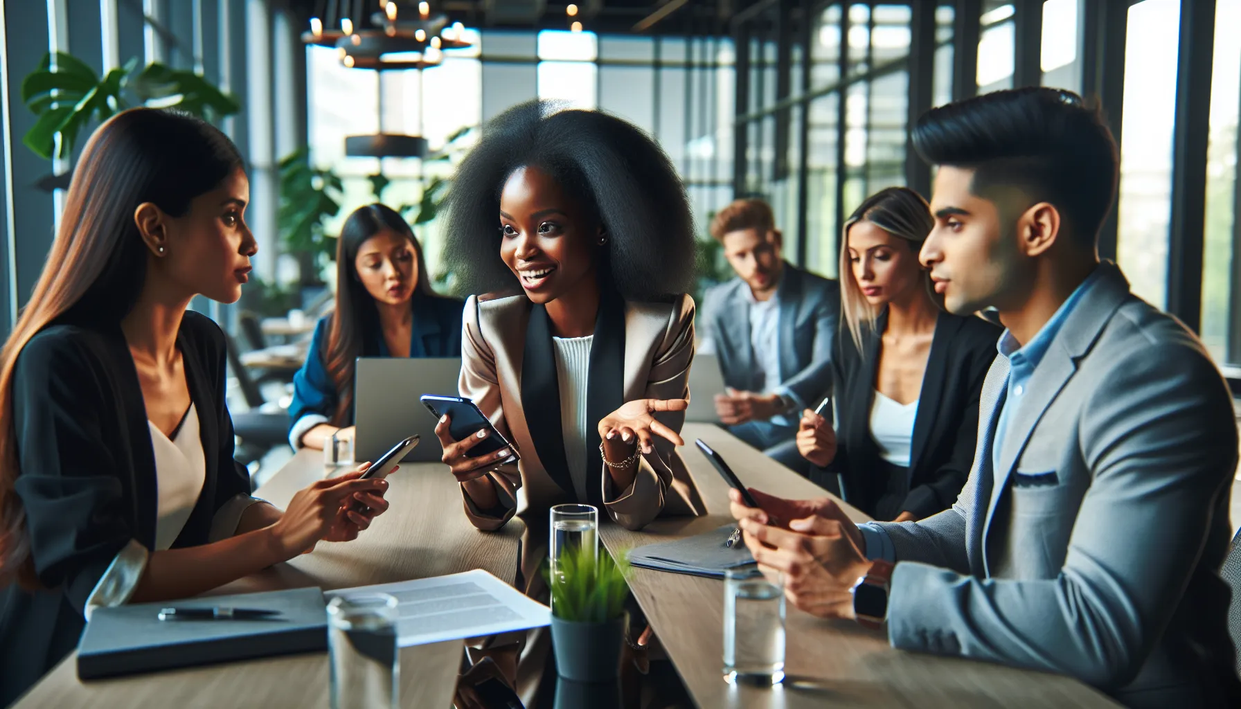 diverse team discussing digital communication in a modern office.