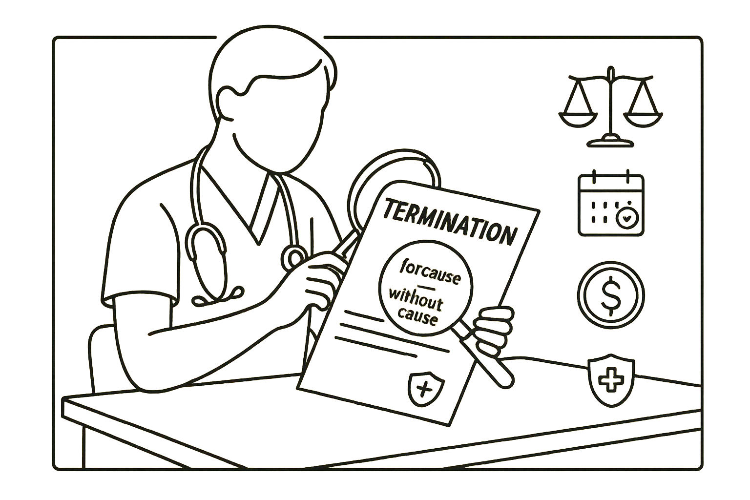 Nurse practitioner examining a termination clause with magnifying glass and icons.