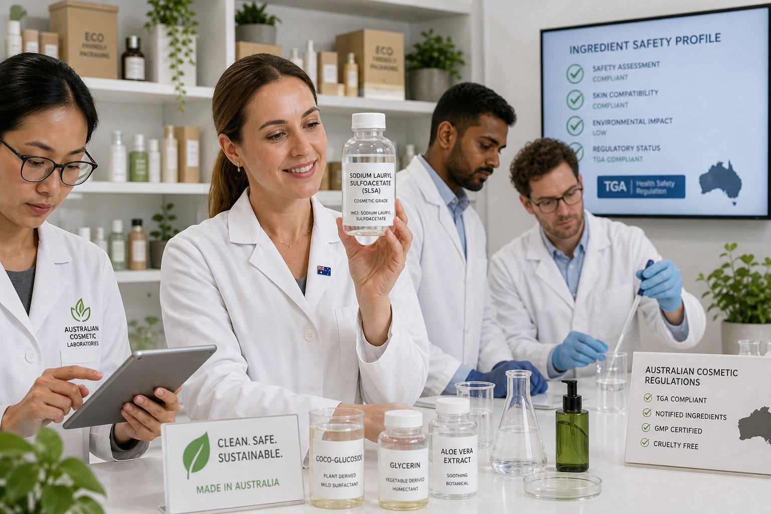 Scientists in a modern lab reviewing cosmetic ingredient safety