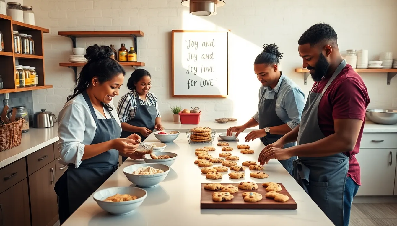 diverse bakers collaborating in a warm, inviting kitchen.