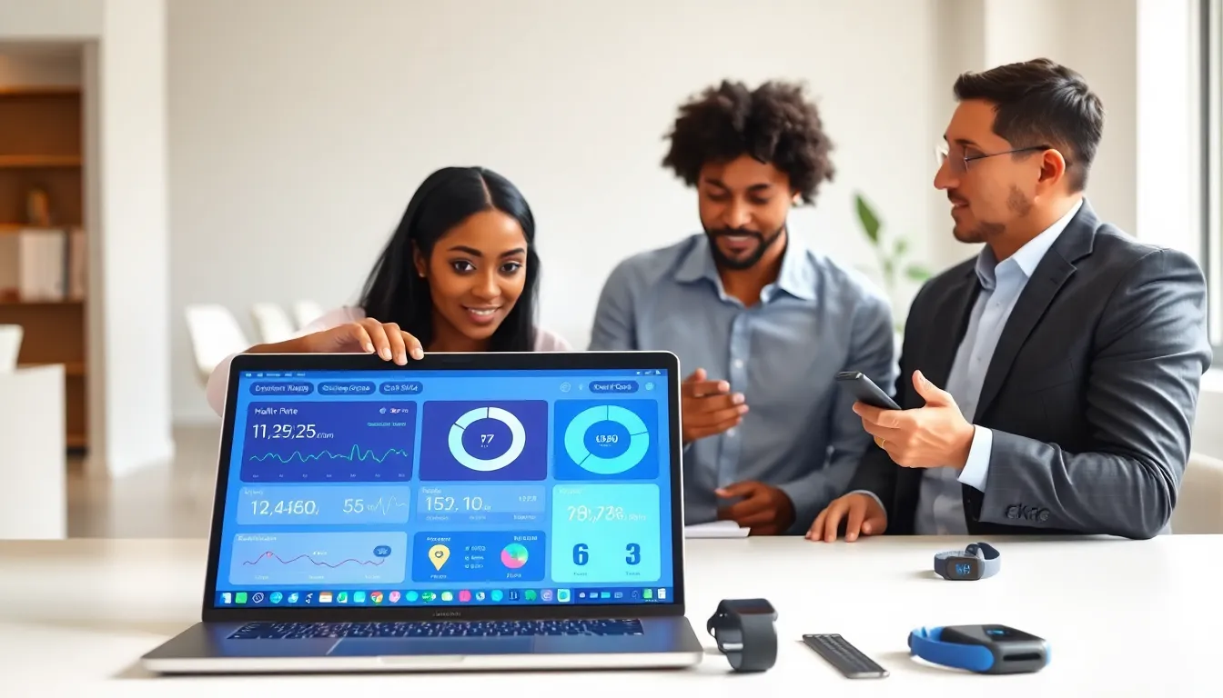 professionals discussing biometric wearables in a modern office.