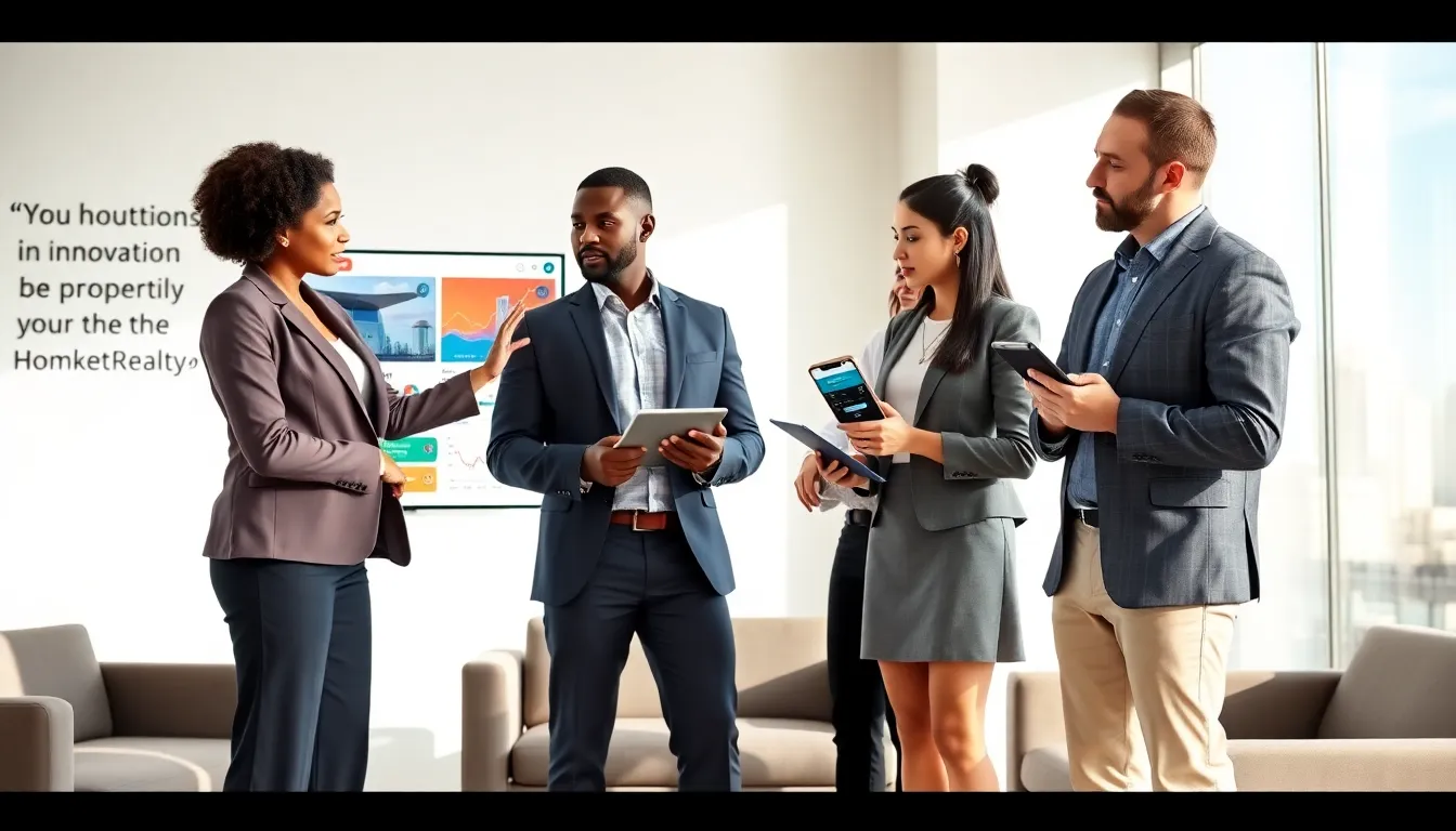Real estate professionals using modern technology in a bright office.