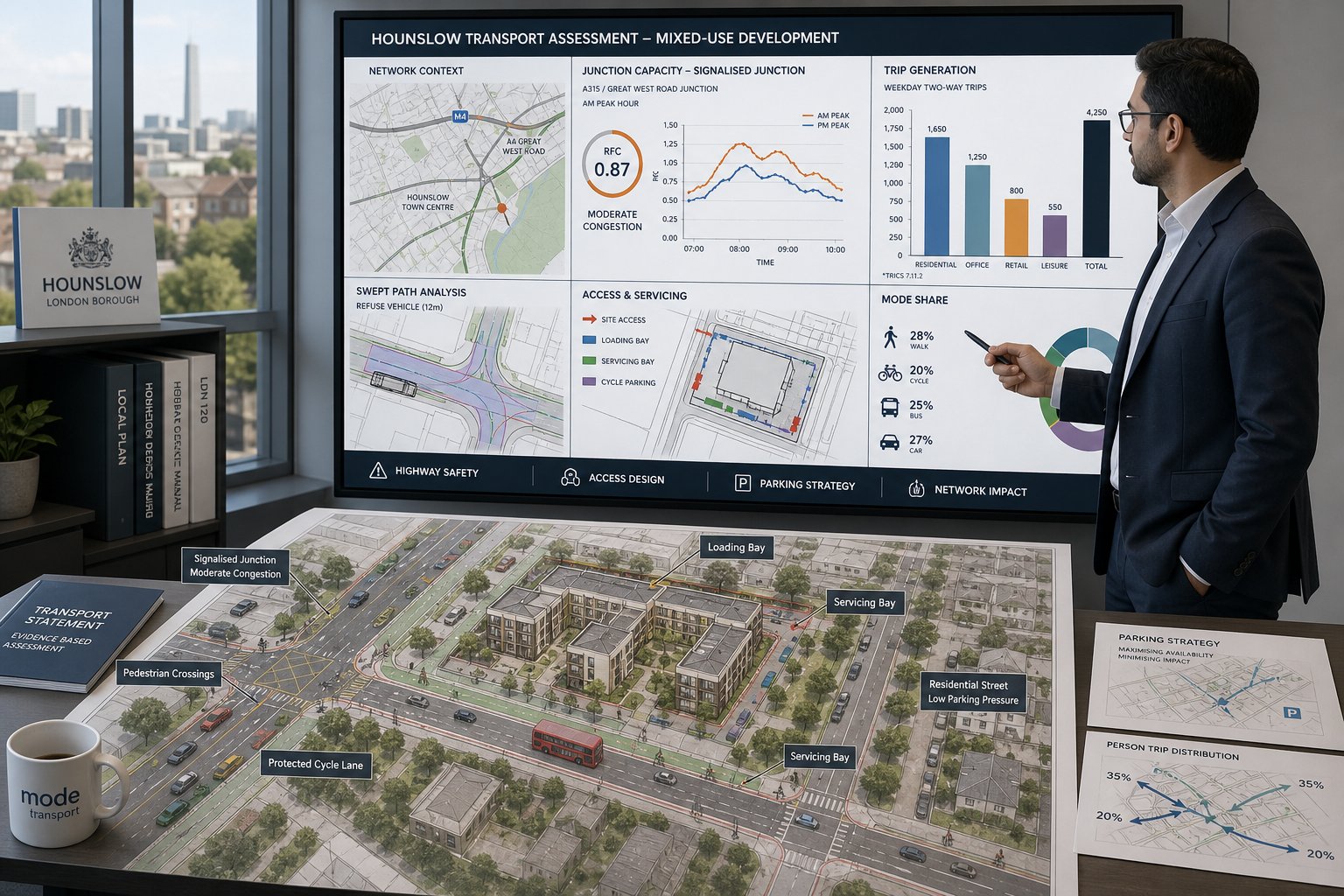 Traffic engineer reviewing Hounslow development transport plans in a modern office.