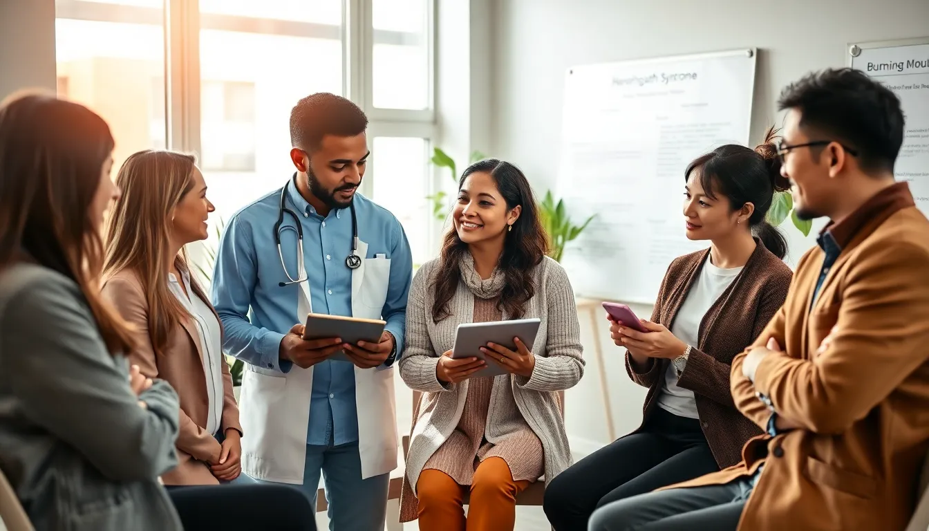 diverse healthcare professionals discussing Burning Mouth Syndrome in a modern setting.
