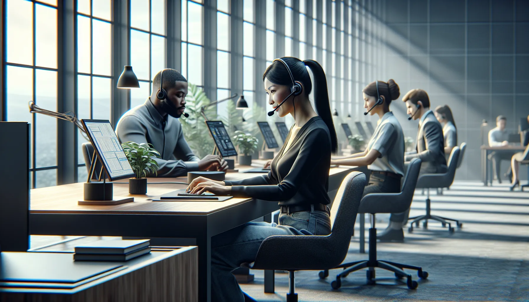 diverse team in a modern office supporting customers and scheduling appointments.