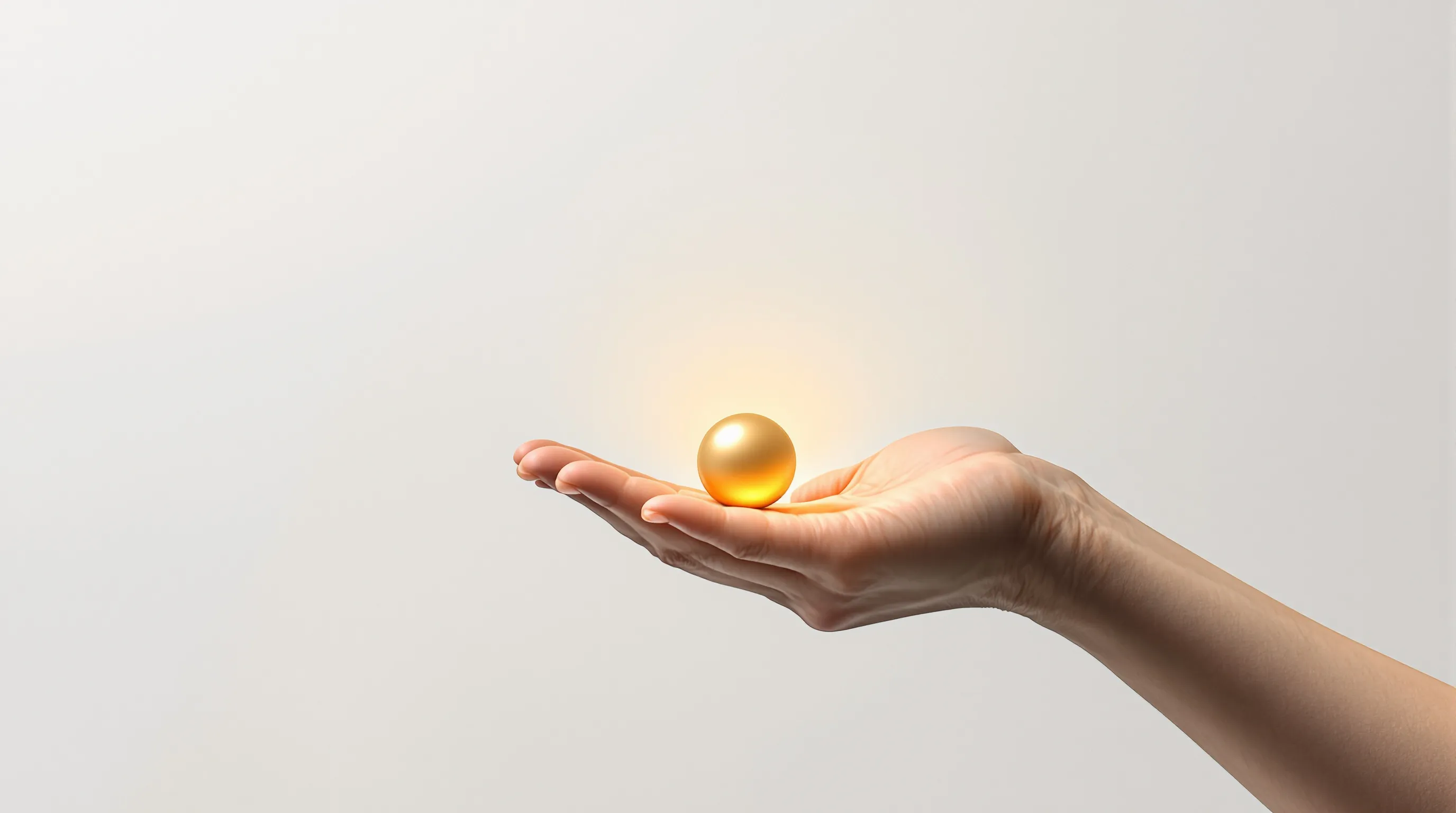 An open palm holding a small glowing golden sphere on a white background.