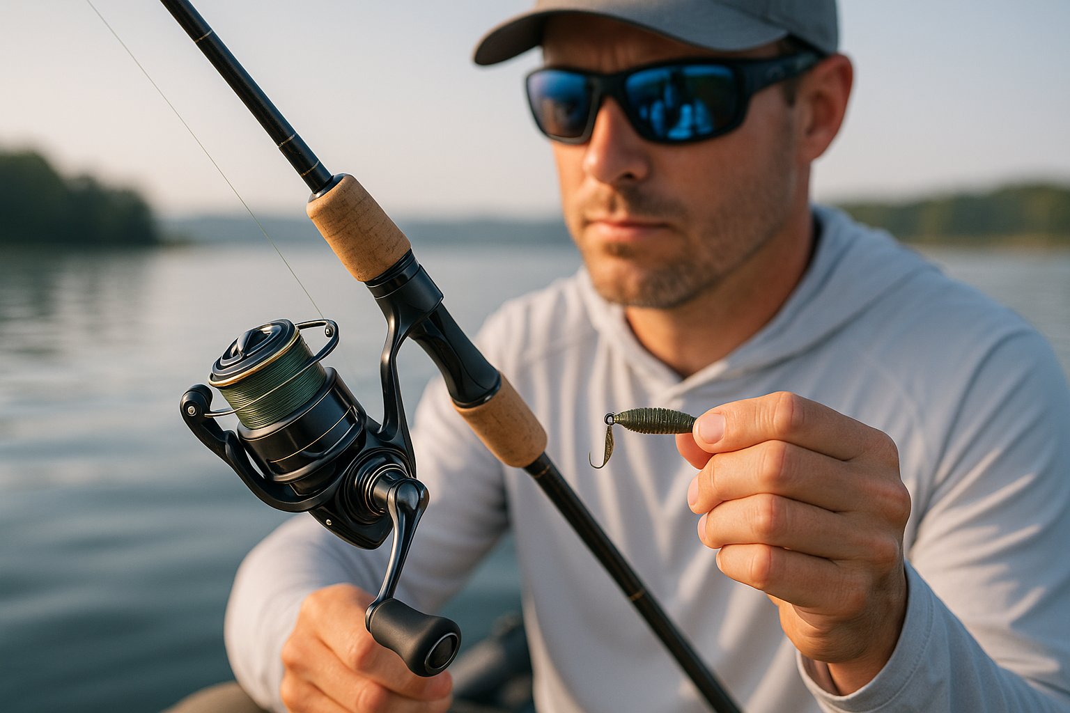 Angler using a lightweight spinning reel for finesse fishing on a lake.