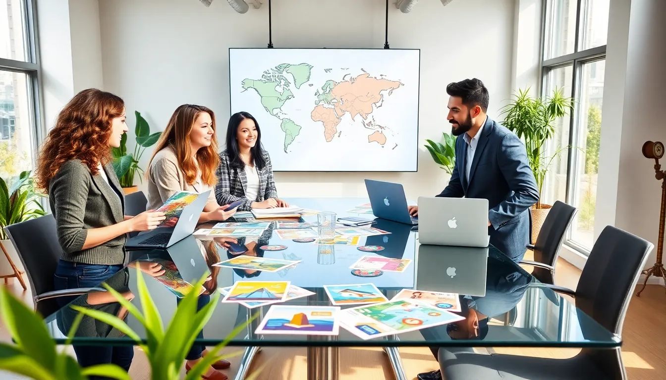 diverse team collaborating on travel ideas in a modern office.
