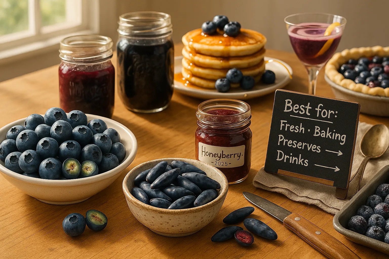 Bowls of blueberries and honeyberries with jams, pancakes, and frozen tray.