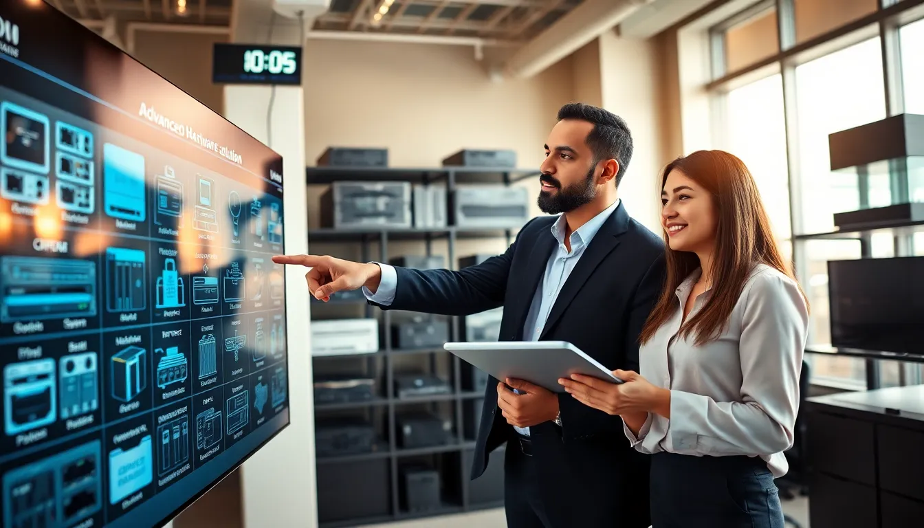 a diverse team discussing hardware solutions in a modern office.