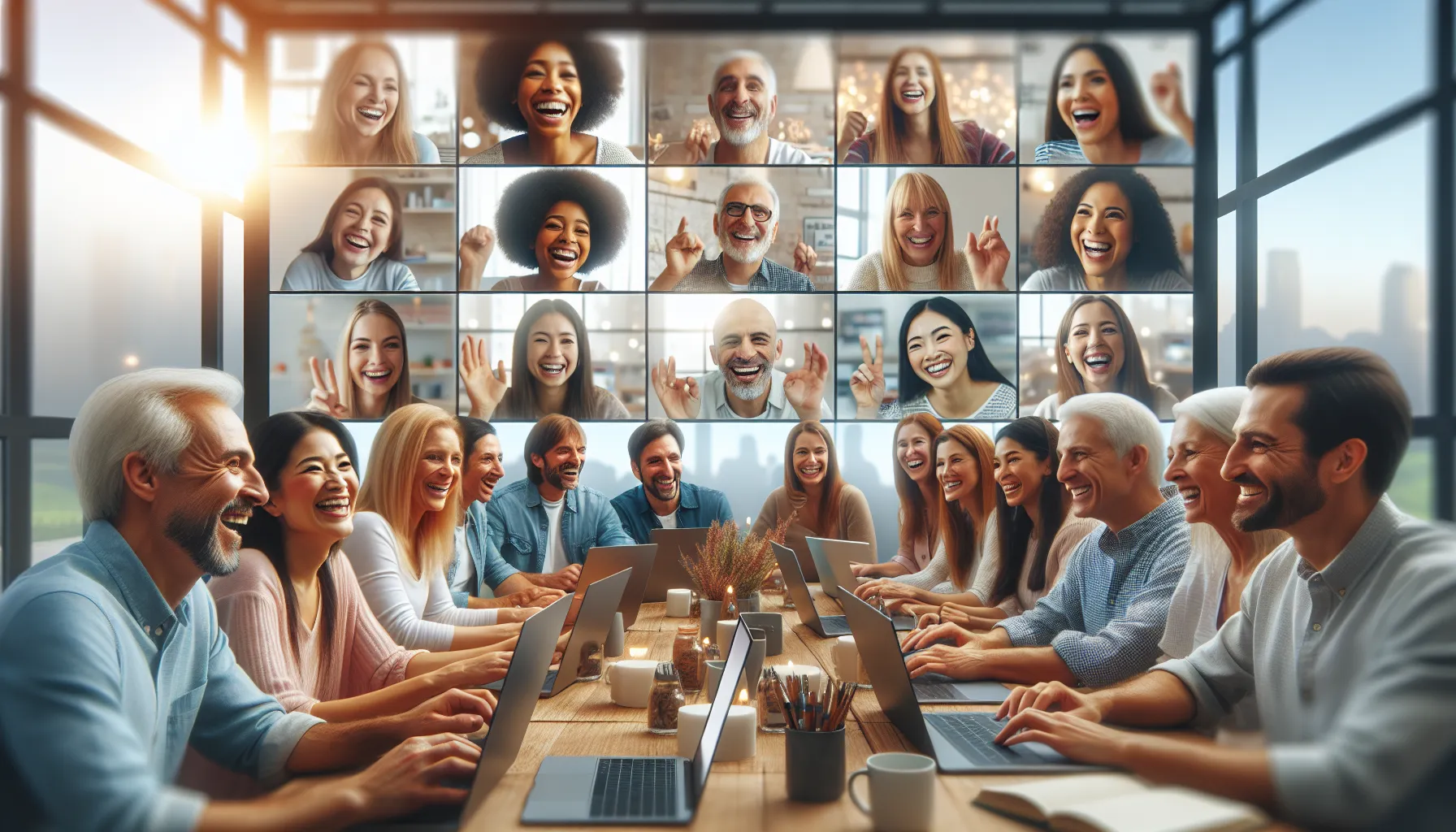 diverse group engaging in a joyful virtual event around Joyceyyuu.